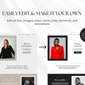 May include: A website mockup showing two different profile pages. The first page features a woman with dark hair wearing a black blazer and the text "Alyssa Davenport, Digital Marketing Creative & Brand Storyteller". The second page features a woman with dark hair wearing a red blazer and the text "Macey Lawson, Product Marketing Manager & Ecommerce Specialist".
