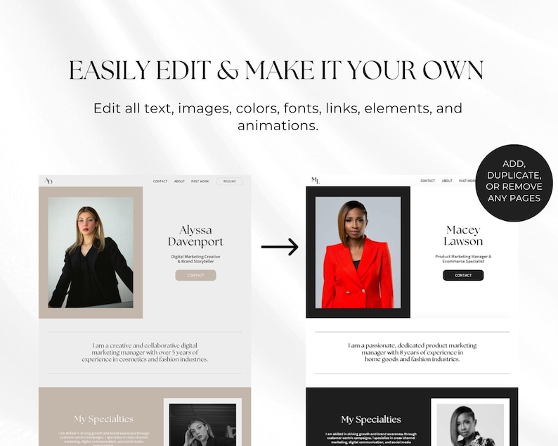 May include: A website mockup showing two different profile pages. The first page features a woman with dark hair wearing a black blazer and the text "Alyssa Davenport, Digital Marketing Creative & Brand Storyteller". The second page features a woman with dark hair wearing a red blazer and the text "Macey Lawson, Product Marketing Manager & Ecommerce Specialist".