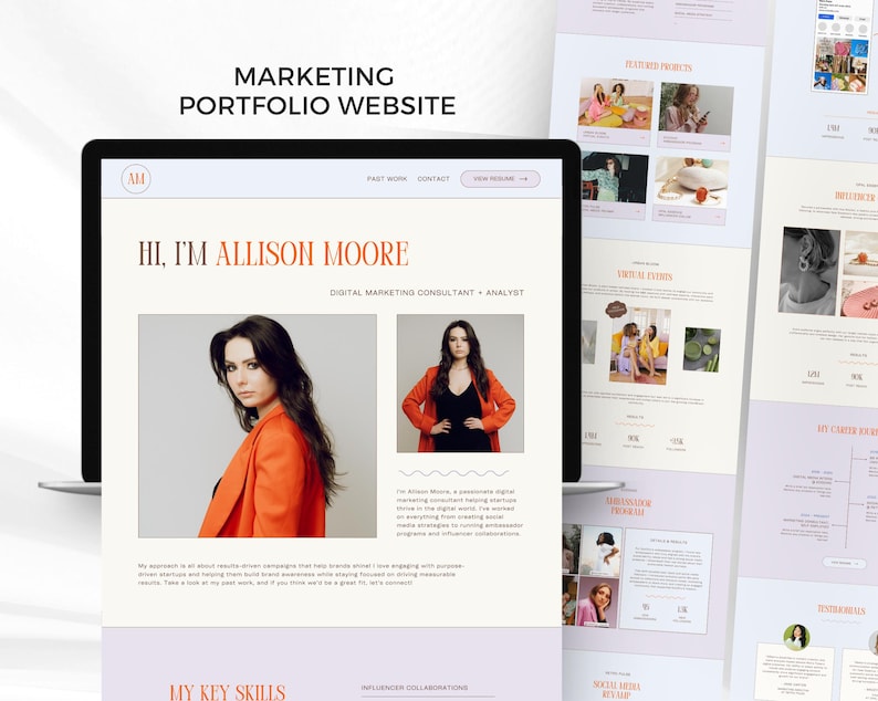 K&ouml;nnte beinhalten: Eine Website-Startseite f&uuml;r eine digitale Marketingberaterin und Analystin namens Allison Moore. Die Website zeigt ein Foto von Allison in einem roten Blazer, eine Beschreibung ihrer Dienstleistungen und einen Call-to-Action, um sie zu kontaktieren.