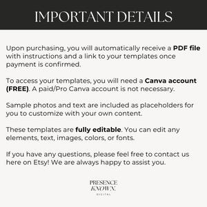 Pode incluir: Documento digital creme com o texto "IMPORTANT DETAILS" no topo. O documento explica o processo de recebimento de um arquivo PDF com instru&ccedil;&otilde;es e um link para modelos ap&oacute;s a compra. Tamb&eacute;m menciona a necessidade de uma conta Canva gratuita.