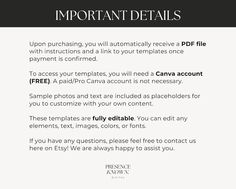 Pode incluir: Documento digital creme com o texto "IMPORTANT DETAILS" no topo. O documento explica o processo de recebimento de um arquivo PDF com instru&ccedil;&otilde;es e um link para modelos ap&oacute;s a compra. Tamb&eacute;m menciona a necessidade de uma conta Canva gratuita.