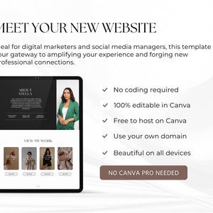 K&ouml;nnte beinhalten: Eine schwarz-wei&szlig;e Website-Vorlage f&uuml;r digitale Vermarkter und Social-Media-Manager. Die Vorlage zeigt ein Foto einer Frau in einem gr&uuml;nen Blazer, den Text "About Stella" und einen Abschnitt mit dem Titel "View My Work". Der Text "No Canva Pro Needed" wird in einem braunen Kasten angezeigt.