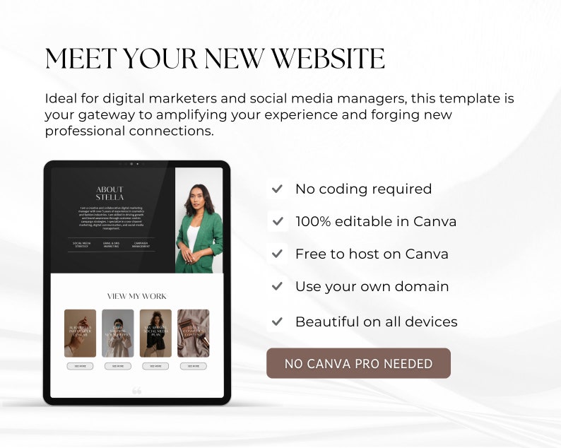 K&ouml;nnte beinhalten: Eine schwarz-wei&szlig;e Website-Vorlage f&uuml;r digitale Vermarkter und Social-Media-Manager. Die Vorlage zeigt ein Foto einer Frau in einem gr&uuml;nen Blazer, den Text "About Stella" und einen Abschnitt mit dem Titel "View My Work". Der Text "No Canva Pro Needed" wird in einem braunen Kasten angezeigt.
