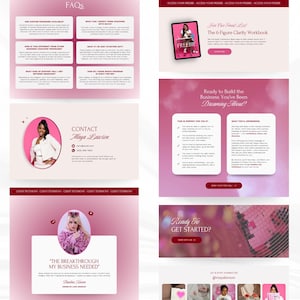May include: A website design with a pink and white color scheme. The design includes sections for FAQs, contact information, a free workbook, and testimonials. The text includes "The 6-Figure Clarity Workbook" and "Ready to Build the Business You've Been Dreaming About?"