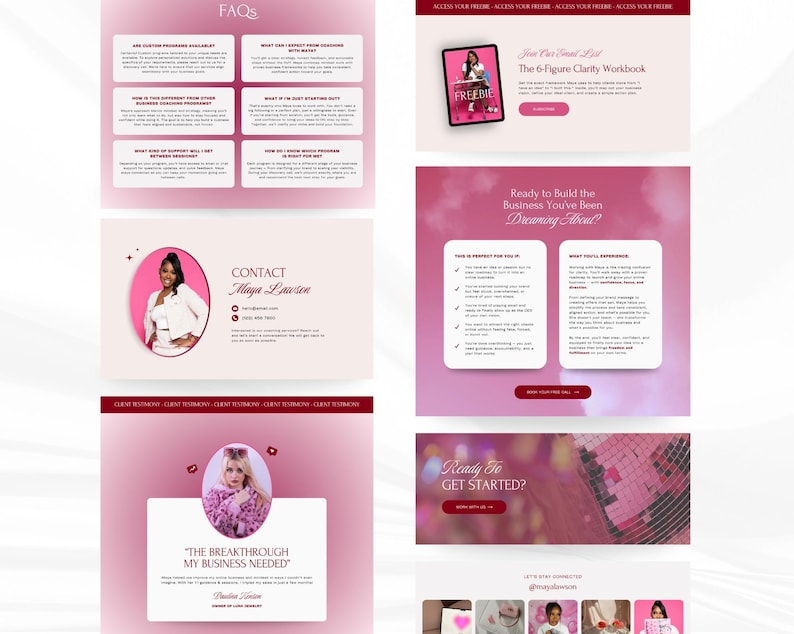 May include: A website design with a pink and white color scheme. The design includes sections for FAQs, contact information, a free workbook, and testimonials. The text includes "The 6-Figure Clarity Workbook" and "Ready to Build the Business You've Been Dreaming About?"
