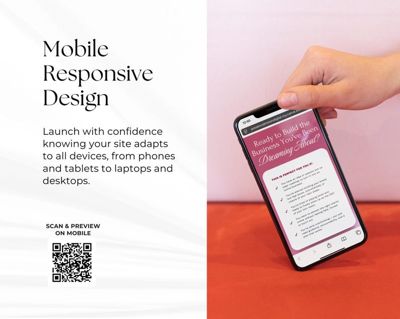 May include: A smartphone displays a website design concept with the text "Ready to Build the Business You've Been Dreaming About?" The phone is held against a red background. The image also includes the text "Mobile Responsive Design."