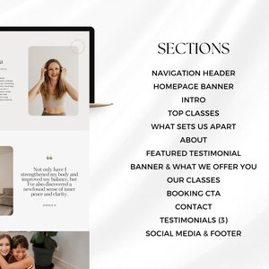 May include: A website screenshot showing the sections of a yoga instructor's website. The sections include Navigation Header, Homepage Banner, Intro, Top Classes, What Sets Us Apart, About, Featured Testimonial, Banner & What We Offer You, Our Classes, Booking CTA, Contact, Testimonials (3), and Social Media & Footer.