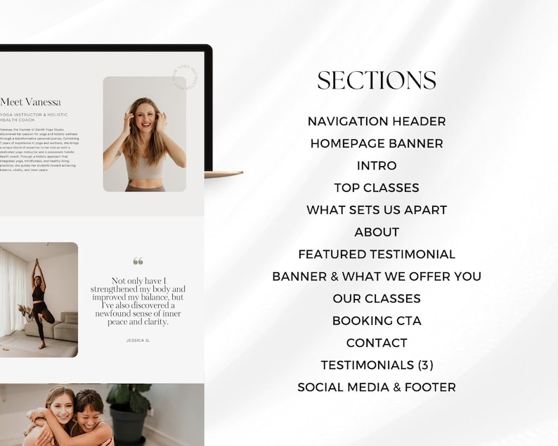 May include: A website screenshot showing the sections of a yoga instructor's website. The sections include Navigation Header, Homepage Banner, Intro, Top Classes, What Sets Us Apart, About, Featured Testimonial, Banner & What We Offer You, Our Classes, Booking CTA, Contact, Testimonials (3), and Social Media & Footer.