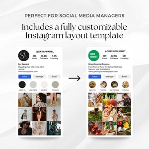 May include: Two Instagram profile pages, one for a clothing brand called Sav Apparel and the other for a food delivery service called GreenGourmet Express. Both profiles feature a grid of nine images, showcasing the brand's products and services.