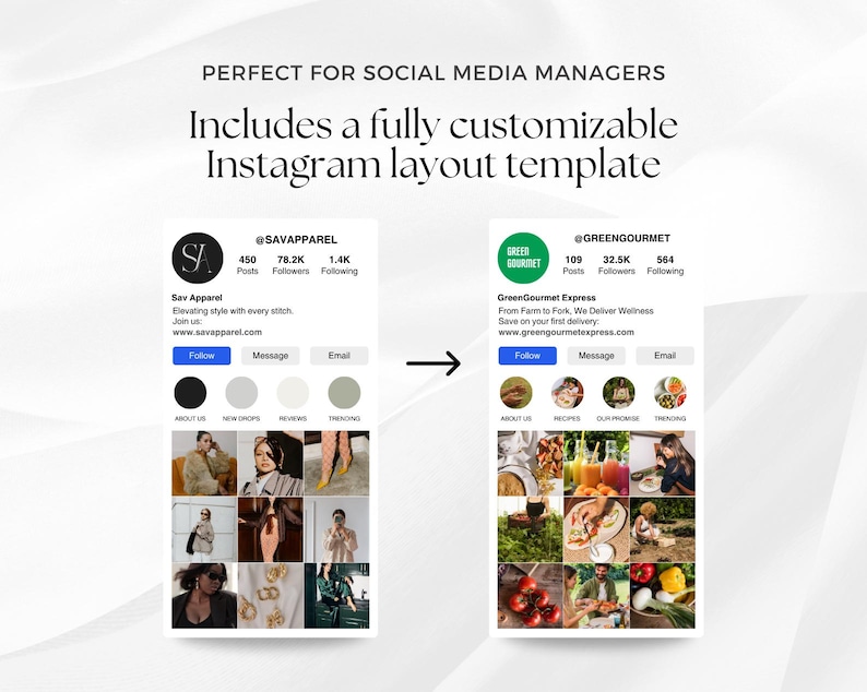 May include: Two Instagram profile pages, one for a clothing brand called Sav Apparel and the other for a food delivery service called GreenGourmet Express. Both profiles feature a grid of nine images, showcasing the brand's products and services.