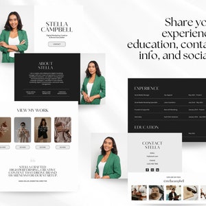K&ouml;nnte beinhalten: Ein Website-Mockup f&uuml;r eine digitale Marketing-Kreative und Markenstrategin namens Stella Campbell. Die Website zeigt ein professionelles Portr&auml;t, einen Abschnitt &uuml;ber Stella, ein Portfolio ihrer Arbeiten und einen Kontaktbereich. Die Website ist in einem modernen und minimalistischen Stil mit einem Schwarz-Wei&szlig;-Farbschema gestaltet.