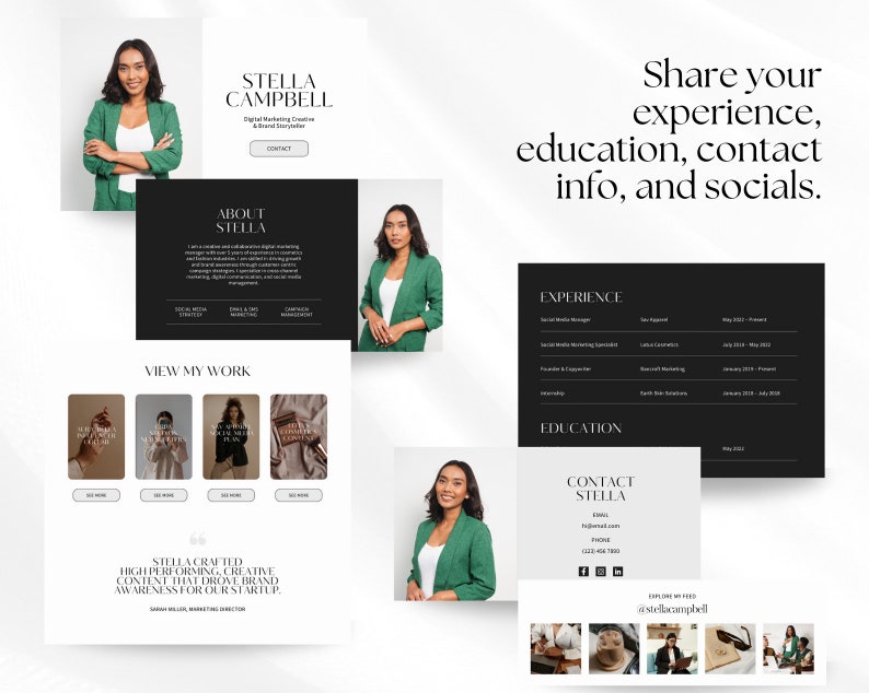 K&ouml;nnte beinhalten: Ein Website-Mockup f&uuml;r eine digitale Marketing-Kreative und Markenstrategin namens Stella Campbell. Die Website zeigt ein professionelles Portr&auml;t, einen Abschnitt &uuml;ber Stella, ein Portfolio ihrer Arbeiten und einen Kontaktbereich. Die Website ist in einem modernen und minimalistischen Stil mit einem Schwarz-Wei&szlig;-Farbschema gestaltet.