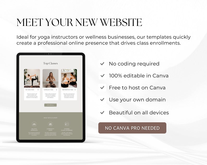 May include: A tablet computer mockup showing a website template for yoga instructors and wellness businesses. The website features a header with the text "Top Classes" and three images of yoga poses. The website also includes a section with the text "What Sets Us Apart" and three icons. The text "No coding required", "100% editable in Canva", "Free to host on Canva", "Use your own domain", and "Beautiful on all devices" is displayed on the right side of the image. The text "NO CANVA PRO NEEDED" is displayed in a button at the bottom of the image.