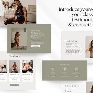 May include: Website homepage for a yoga studio called "Discover Harmony Within". The website features a photo of a woman in a yoga pose, a section for top classes, and a section to learn more about the studio.