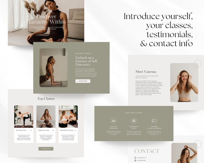 May include: Website homepage for a yoga studio called "Discover Harmony Within". The website features a photo of a woman in a yoga pose, a section for top classes, and a section to learn more about the studio.