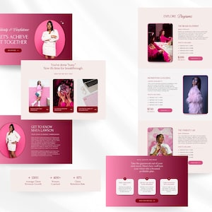 May include: A digital marketing and coaching website design with a pink and white color scheme. The website includes images of a woman, text, and call-to-action buttons. The text includes phrases like "Let's Achieve It Together" and "Explore Programs."