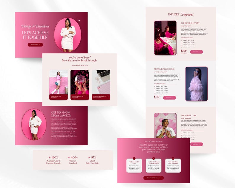 May include: A digital marketing and coaching website design with a pink and white color scheme. The website includes images of a woman, text, and call-to-action buttons. The text includes phrases like "Let's Achieve It Together" and "Explore Programs."