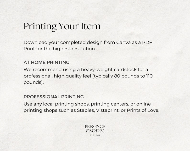 Puede incluir: Texto sobre un fondo blanco con el t&iacute;tulo "Imprimiendo tu art&iacute;culo". Instrucciones para imprimir un dise&ntilde;o en casa o en una imprenta profesional. El texto incluye los nombres de empresas de impresi&oacute;n como Staples, Vistaprint y Prints of Love.