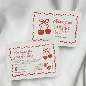 Cherry Business-bedankkaartsjabloon | Bijsluiter Coquette Cherry bedankje | Bewerkbare canvassjabloon | Strikken, vrouwelijk, schattig