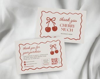 Cherry Business Thank You Card Template | Coquette Cherry Thank You Package Insert | Editable Canva Template | Bows, Feminine, Cute