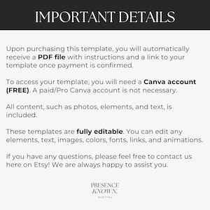 May include: Cream-colored graphic with the text "IMPORTANT DETAILS" at the top. The text explains the template purchase process, including a PDF file, Canva account, and editable elements. The Etsy shop name is at the bottom.