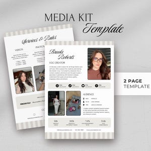 May include: A two-page media kit template with a light beige and white striped design. The template includes sections for services, rates, photos, and audience demographics. The text "MEDIA KIT Template" is at the top.