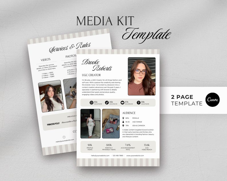 Pode incluir: Um modelo de kit de m&iacute;dia de duas p&aacute;ginas com um design de listras bege claro e branco. O modelo inclui se&ccedil;&otilde;es para servi&ccedil;os, taxas, fotos e dados demogr&aacute;ficos do p&uacute;blico. O texto "MEDIA KIT Template" est&aacute; no topo.