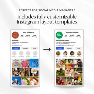 K&ouml;nnte beinhalten: Zwei Instagram-Profillayouts mit einem Raster aus neun Bildern. Das linke Profil ist f&uuml;r eine Bekleidungsmarke namens Retro Pulse und das rechte Profil ist f&uuml;r eine Lebensmittelmarke namens GreenGourmet Express. Beide Profile haben einen Call-to-Action-Button zum Folgen, Nachrichten senden oder E-Mails senden.