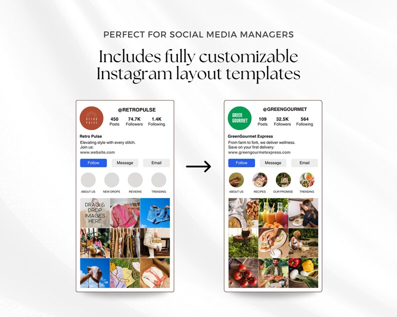 K&ouml;nnte beinhalten: Zwei Instagram-Profillayouts mit einem Raster aus neun Bildern. Das linke Profil ist f&uuml;r eine Bekleidungsmarke namens Retro Pulse und das rechte Profil ist f&uuml;r eine Lebensmittelmarke namens GreenGourmet Express. Beide Profile haben einen Call-to-Action-Button zum Folgen, Nachrichten senden oder E-Mails senden.