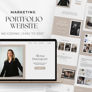 May include: A laptop computer displaying a website mockup for a digital marketing portfolio. The website features a photo of a woman, the text "Alyssa Davenport", and the words "Digital Marketing Creative & Brand Storyteller".