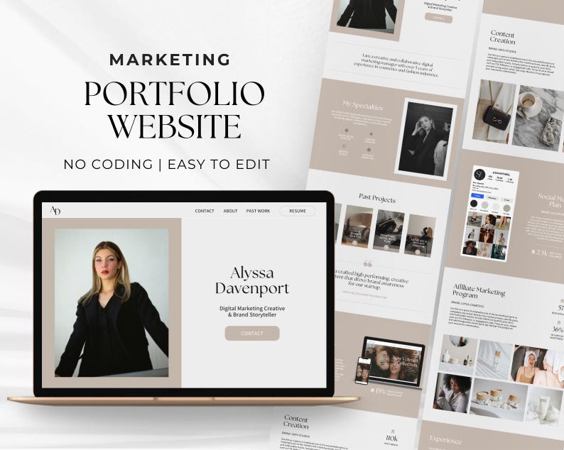May include: A laptop computer displaying a website mockup for a digital marketing portfolio. The website features a photo of a woman, the text "Alyssa Davenport", and the words "Digital Marketing Creative & Brand Storyteller".