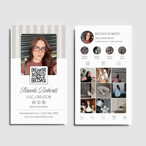 May include: A business card and a phone screen mockup featuring Brooke Roberts, a UGC creator. The card includes a photo, a QR code, and contact information. The phone screen displays social media content, including product demos and fashion shots.