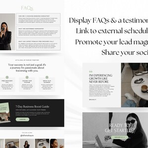 May include: A website screenshot with a light gray background and black text. The website features a call to action button that says "Ready to get started?" and a testimonial that says "I'm experiencing growth like never before."