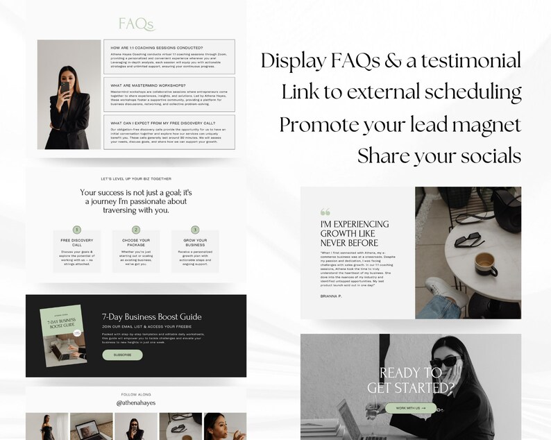 May include: A website screenshot with a light gray background and black text. The website features a call to action button that says "Ready to get started?" and a testimonial that says "I'm experiencing growth like never before."