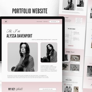 May include: A website portfolio for Alyssa Davenport, a digital marketing consultant and analyst. The website features a pink and white colour scheme with a photo of Alyssa Davenport and text that reads "Hi, I'm Alyssa Davenport, Digital Marketing Consultant + Analyst".