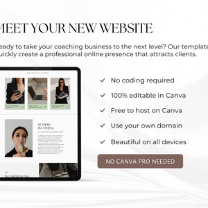 May include: A tablet screen displaying a website template for a coaching business. The website is designed with a modern, minimalist aesthetic and features a professional headshot of a woman. The text on the screen reads "Hi there, I'm Athena." The text on the tablet screen also includes the words "Start-up Business", "Business Coaching", "Online Business", and "I'm Experiencing". The text on the screen is in a white font. The website template is designed to be easily edited in Canva and can be hosted for free on Canva. The website template can also be used with a custom domain. The website template is designed to look good on all devices. The text on the screen also includes the words "No Canva Pro Needed".