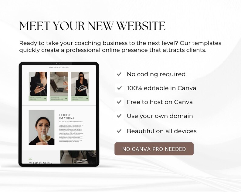 May include: A tablet screen displaying a website template for a coaching business. The website is designed with a modern, minimalist aesthetic and features a professional headshot of a woman. The text on the screen reads "Hi there, I'm Athena." The text on the tablet screen also includes the words "Start-up Business", "Business Coaching", "Online Business", and "I'm Experiencing". The text on the screen is in a white font. The website template is designed to be easily edited in Canva and can be hosted for free on Canva. The website template can also be used with a custom domain. The website template is designed to look good on all devices. The text on the screen also includes the words "No Canva Pro Needed".