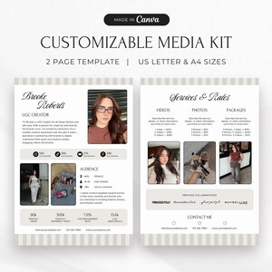 Pode incluir: Um modelo de kit de m&iacute;dia personaliz&aacute;vel de duas p&aacute;ginas, dispon&iacute;vel nos tamanhos US Letter e A4. O design inclui se&ccedil;&otilde;es para servi&ccedil;os, taxas e informa&ccedil;&otilde;es de contato. O modelo apresenta uma foto de uma mulher e v&aacute;rios elementos de texto.
