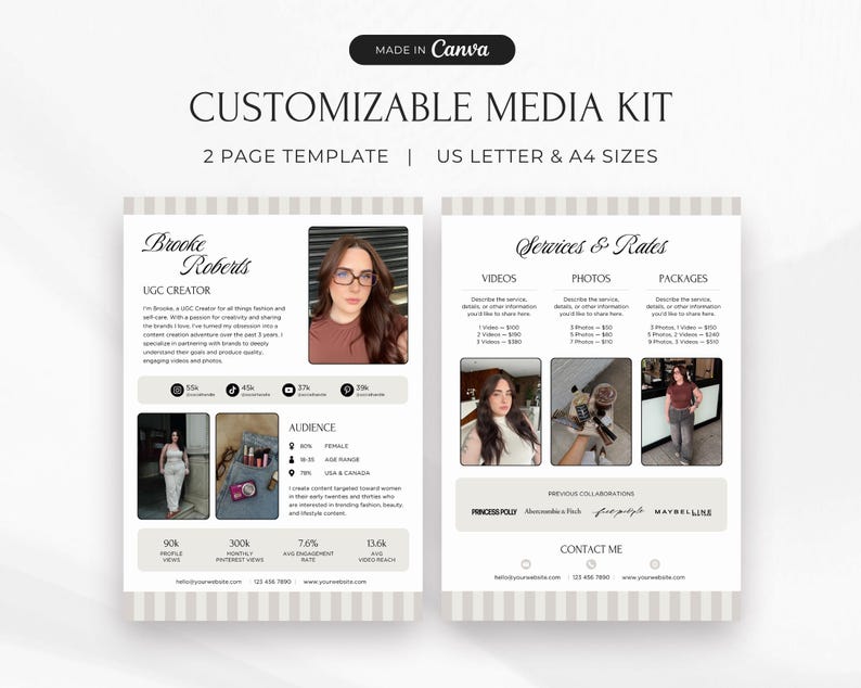 Pode incluir: Um modelo de kit de m&iacute;dia personaliz&aacute;vel de duas p&aacute;ginas, dispon&iacute;vel nos tamanhos US Letter e A4. O design inclui se&ccedil;&otilde;es para servi&ccedil;os, taxas e informa&ccedil;&otilde;es de contato. O modelo apresenta uma foto de uma mulher e v&aacute;rios elementos de texto.
