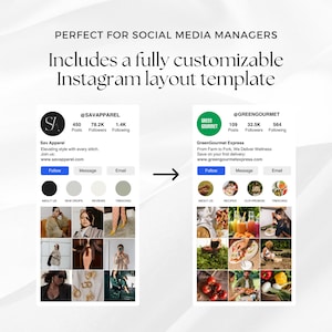 K&ouml;nnte beinhalten: Zwei Instagram-Profillayouts, eines f&uuml;r eine Bekleidungsmarke namens Sav Apparel und das andere f&uuml;r einen Lebensmittellieferservice namens GreenGourmet Express. Beide Profile zeigen ein Raster mit neun Bildern, die die Produkte und Dienstleistungen der Marke pr&auml;sentieren.