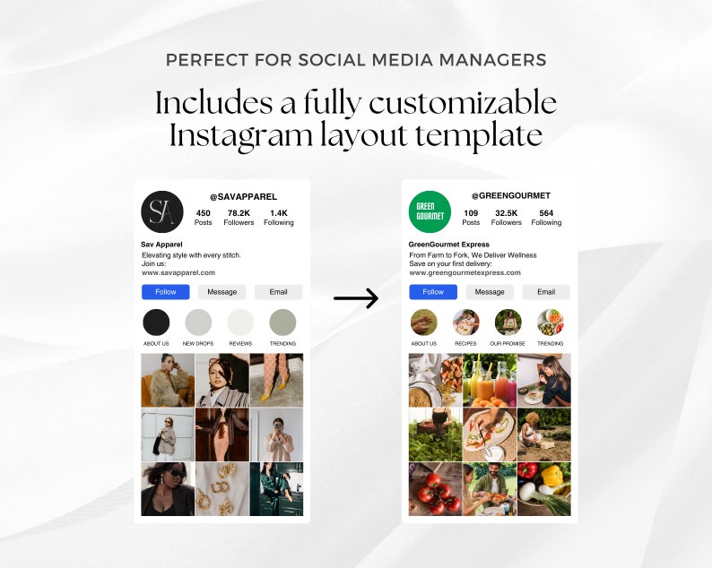 K&ouml;nnte beinhalten: Zwei Instagram-Profillayouts, eines f&uuml;r eine Bekleidungsmarke namens Sav Apparel und das andere f&uuml;r einen Lebensmittellieferservice namens GreenGourmet Express. Beide Profile zeigen ein Raster mit neun Bildern, die die Produkte und Dienstleistungen der Marke pr&auml;sentieren.