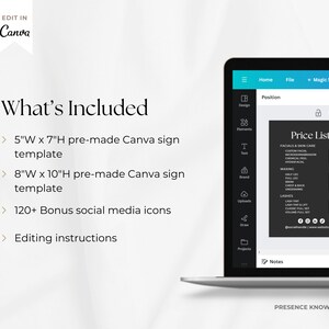 Puede incluir: Una captura de pantalla de una plantilla de dise&ntilde;o de Canva para una lista de precios. La plantilla es para un sal&oacute;n de belleza e incluye servicios como tratamientos faciales, depilaci&oacute;n con cera y extensiones de pesta&ntilde;as. La plantilla est&aacute; en blanco y negro y tiene un dise&ntilde;o moderno y minimalista. El texto "Price List" est&aacute; en la parte superior de la plantilla. La plantilla tambi&eacute;n incluye una secci&oacute;n para notas.