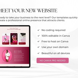 May include: A digital tablet displays a website template with the text "MEET YOUR NEW WEBSITE." The screen shows website examples, with the text "No coding required," "100% editable in Canva," and "NO CANVA PRO NEEDED."