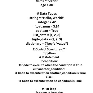 以下が含まれることがあります： 変数、データ型、if文、forループ、whileループなどの制御構造のコード例を含むPythonチートシートです。