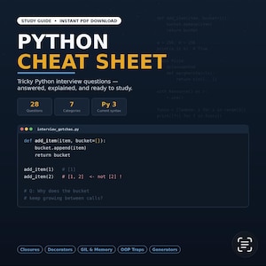 Software Engineer Interview Prep, Python Cheat Sheet PDF, Coding Interview Study Guide, Junior Developer Resource, Digital Download