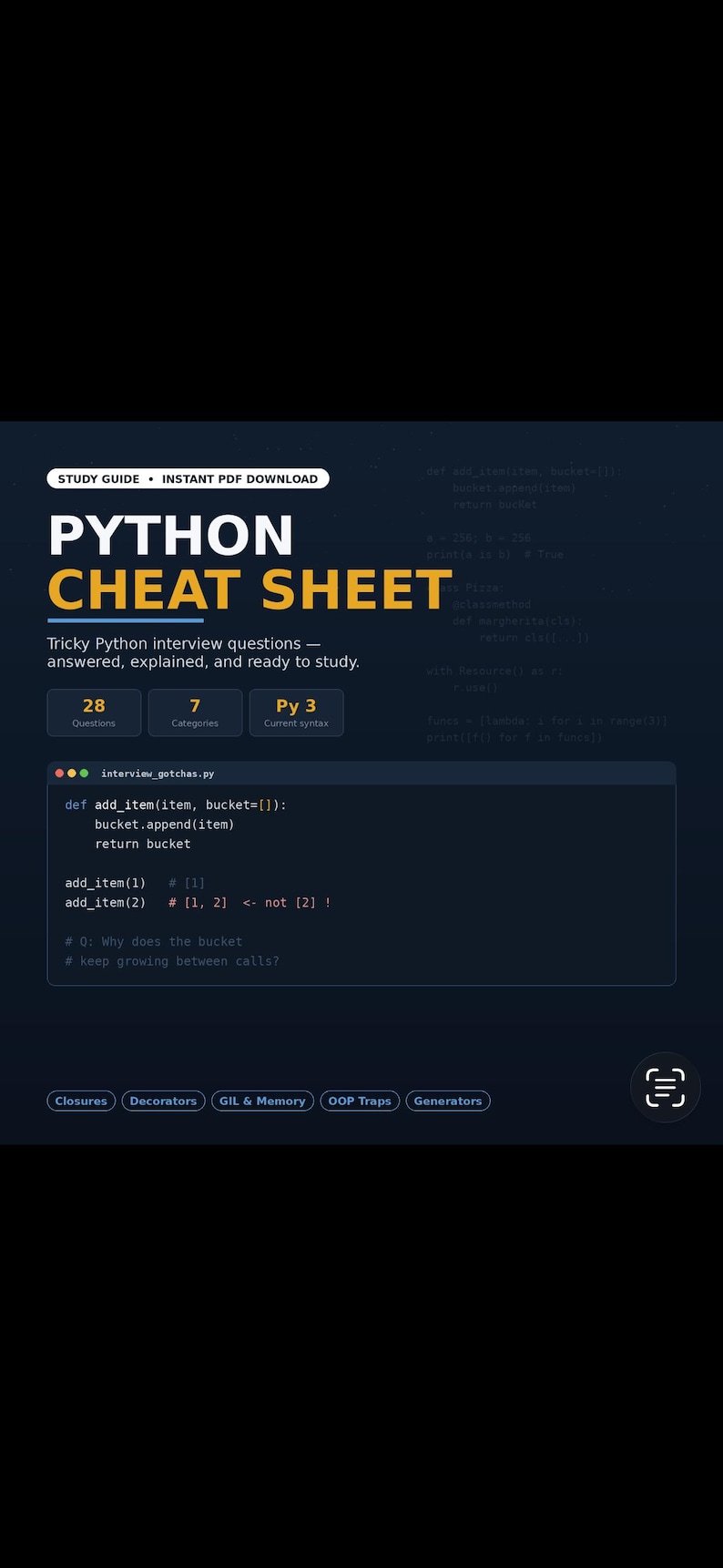 Software Engineer Interview Prep, Python Cheat Sheet PDF, Coding Interview Study Guide, Junior Developer Resource, Digital Download image 1
