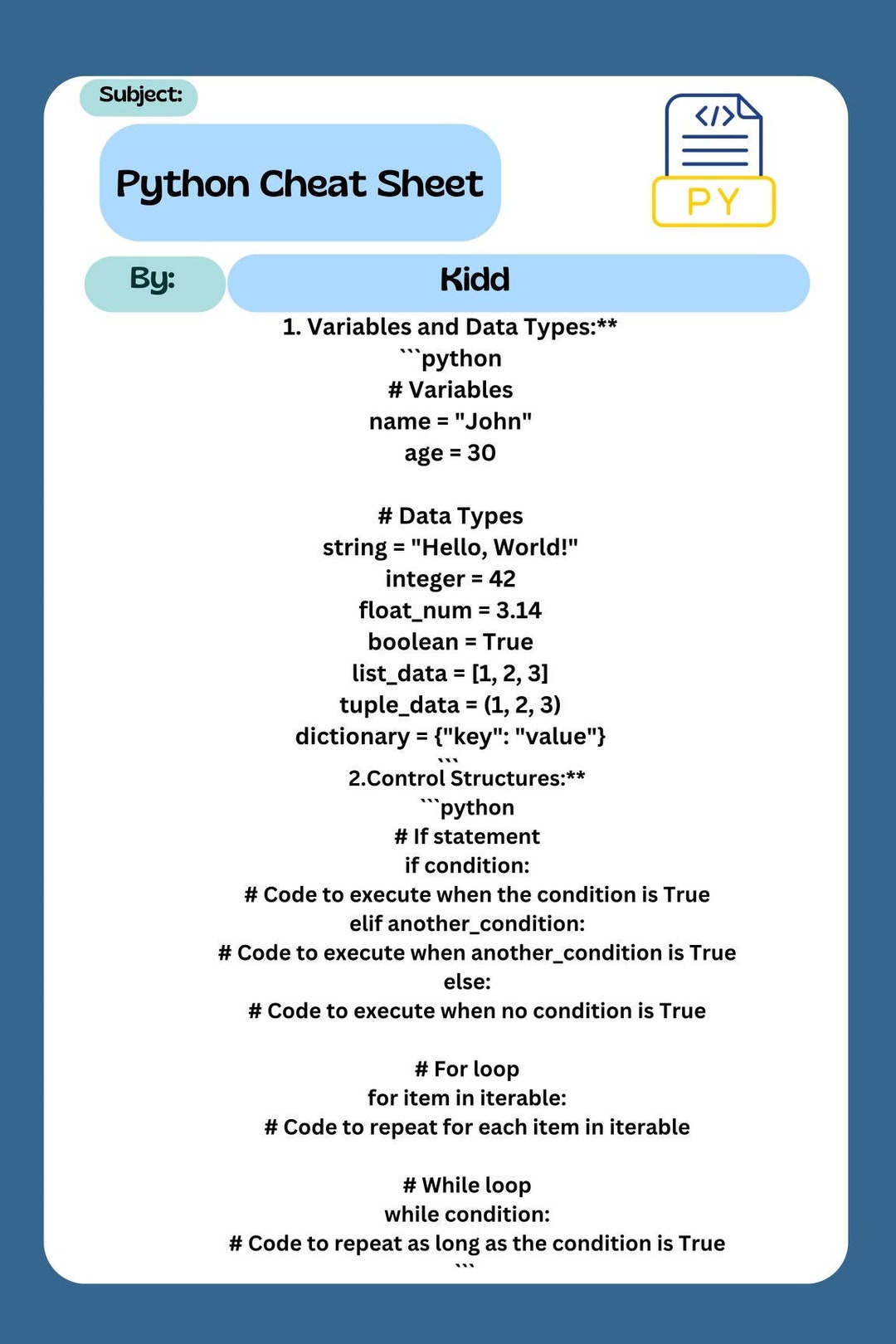 Python Cheat Sheet - Etsy