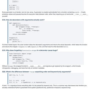 May include: A document page titled 5. Functional, Decorators & Generators containing technical questions and Python code snippets regarding generators, decorators, functools.wraps, argument unpacking, and the Global Interpreter Lock (GIL).