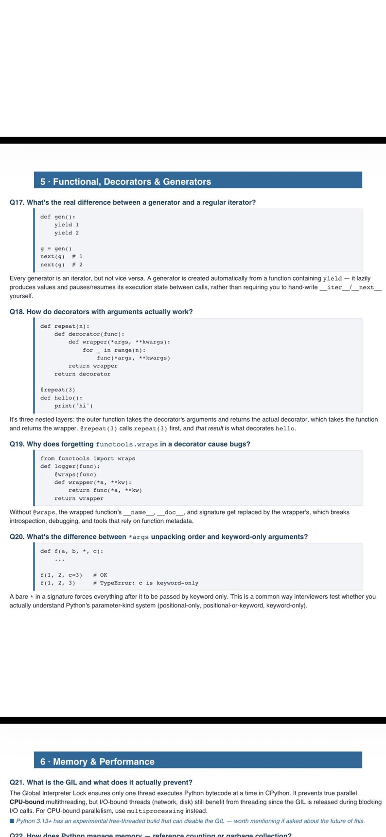 May include: A document page titled 5. Functional, Decorators & Generators containing technical questions and Python code snippets regarding generators, decorators, functools.wraps, argument unpacking, and the Global Interpreter Lock (GIL).