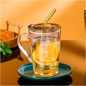 Clear Glass Mug with Lid & Straw – 450ml Reusable (Gold)